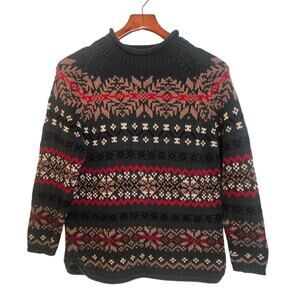 Eddie Bauer Vintage Green Nordic Fair Isle Mock Neck Petite Pullover Sweater